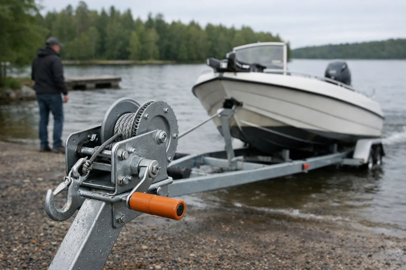 Trailervinsch vid båtramp med motorbåt på släpet.