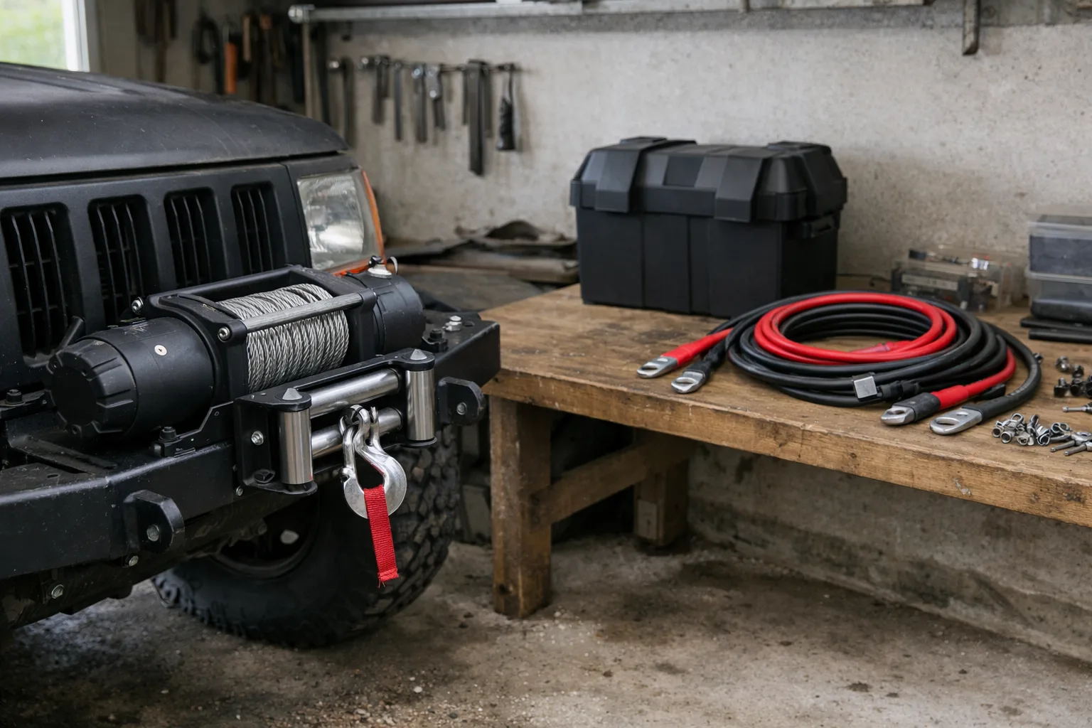 Vinsch på fäste med batterikablar i ett garage.