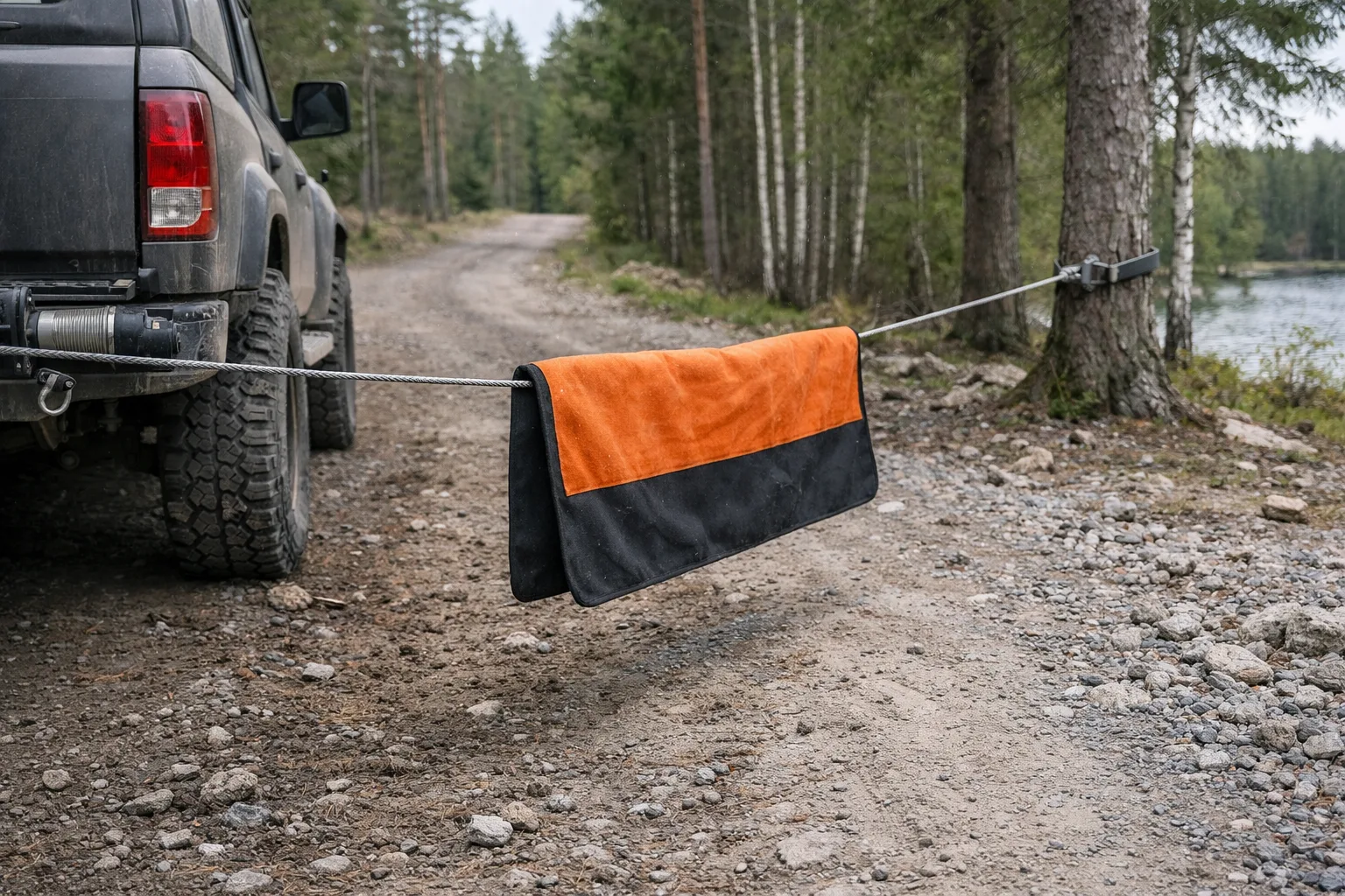 Vinschlina med dämpare riktad mot ett träd, ingen person i närheten.