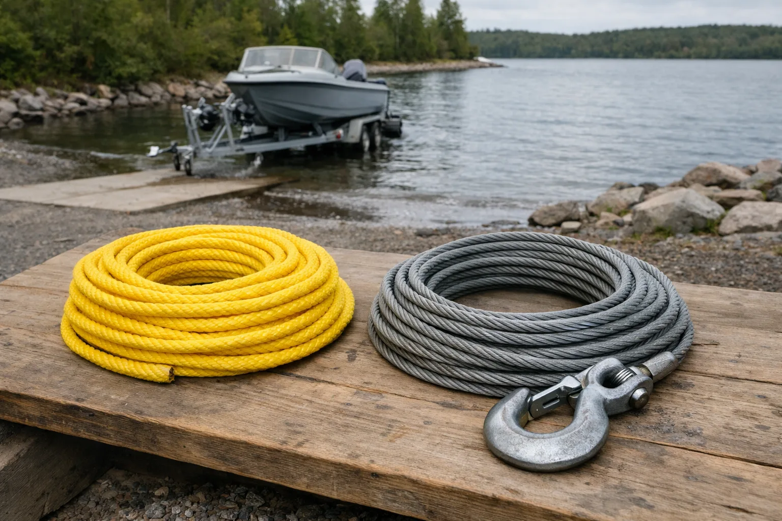 Syntetlina och stålvajer sida vid sida.