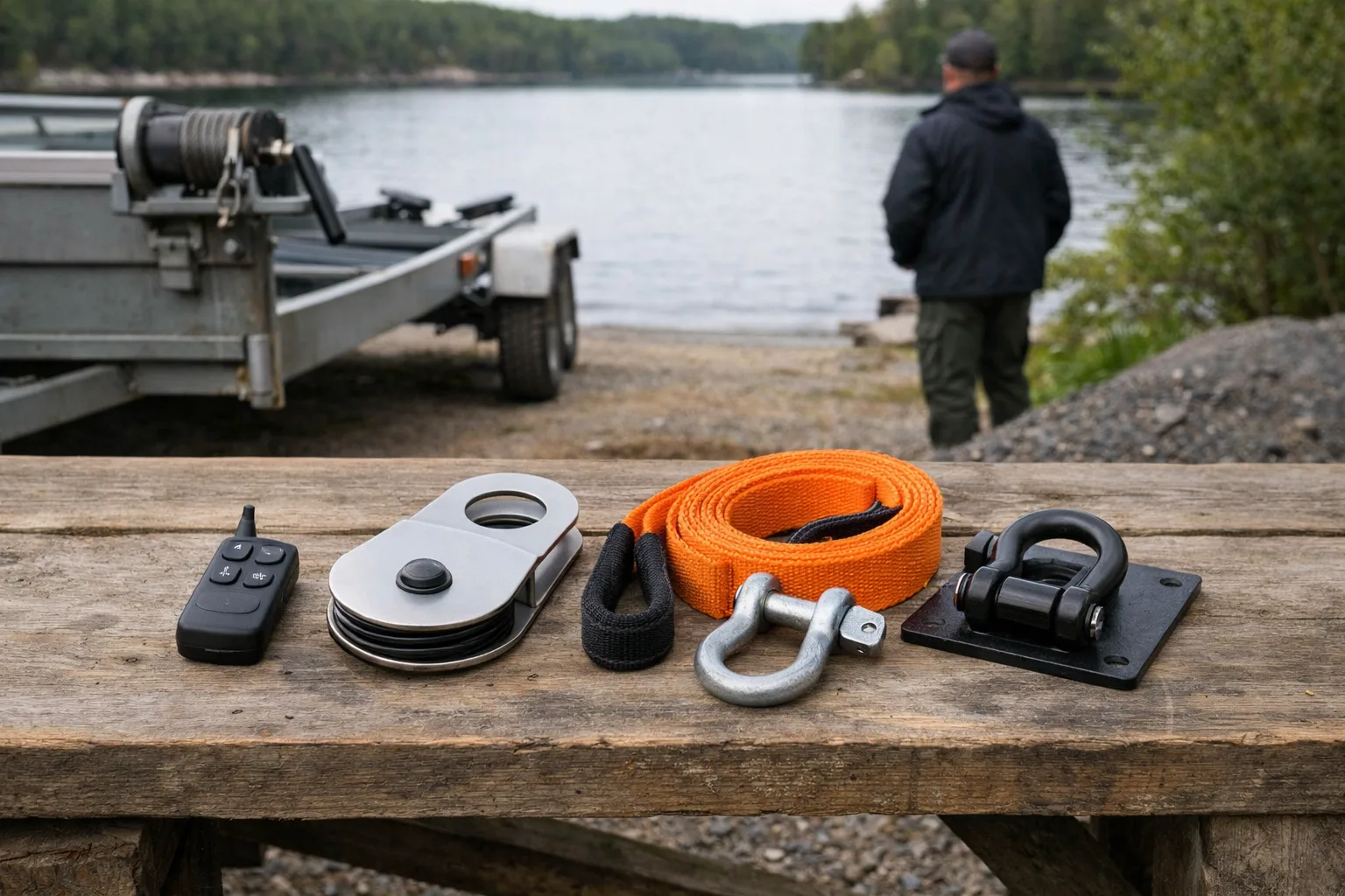 Fjärrkontroll, snatchblock, stropp och fäste på en bänk.